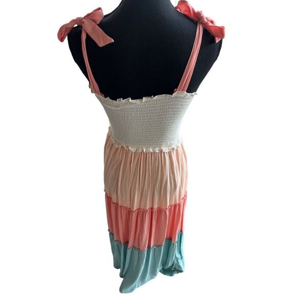 Women’s Tiered Color Block Smocked Maxi Dress-Tie Sleeves-See Description on SZ - Picture 16 of 16